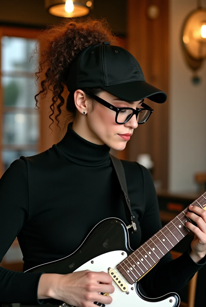 woman wearing black square glasses, wearing a black cap and a black turtleneck, with curly hair tied up and playing a black and white guitar.