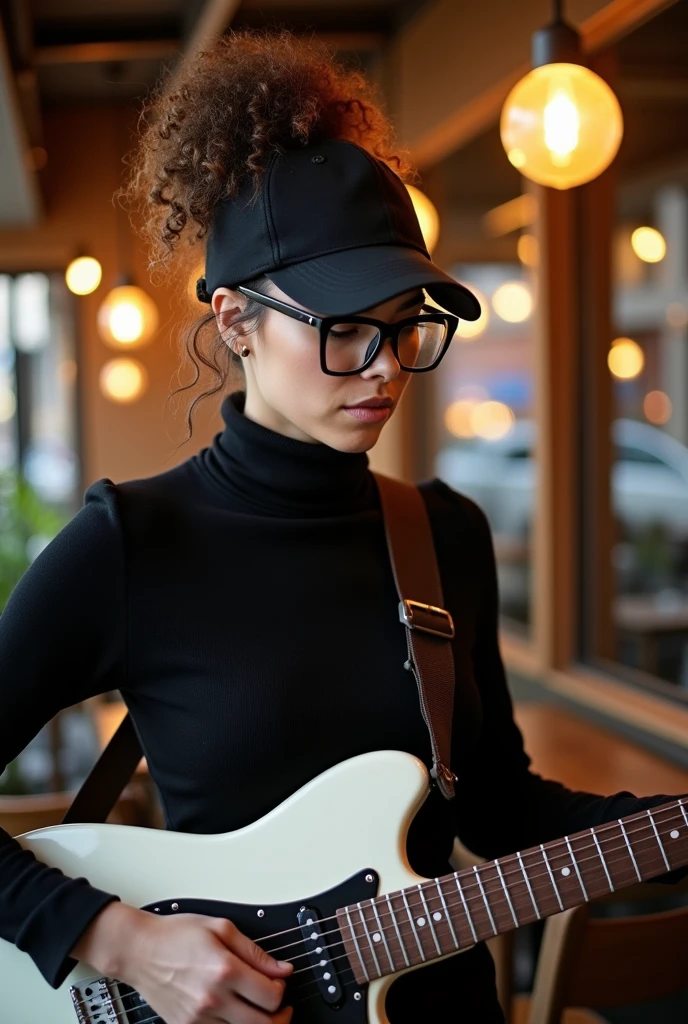 woman wearing black square glasses, wearing a black cap and a black turtleneck, with curly hair tied up and playing a black and white guitar.