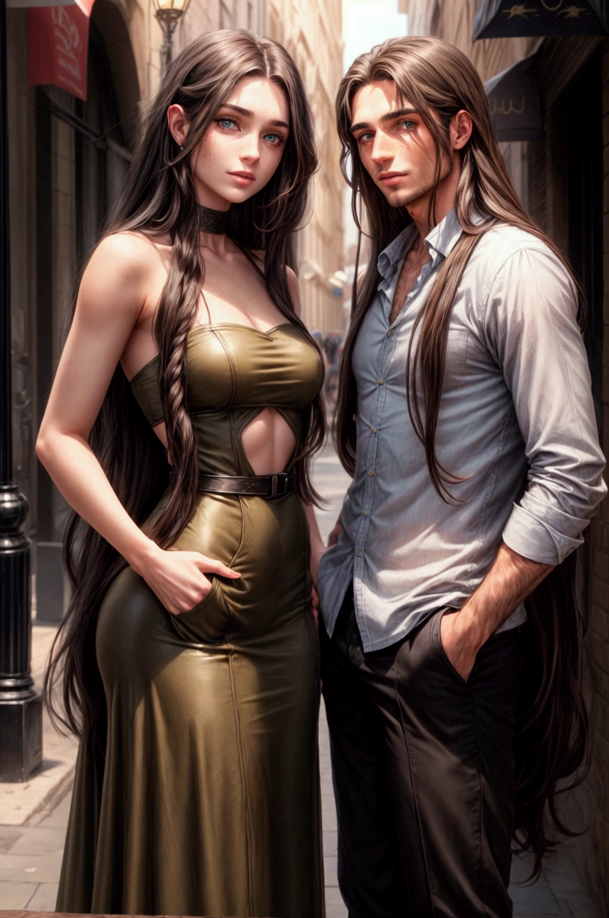 a man with long brown hair,blue eyes,olive skin and a woman with long black hair,brown eyes,pale skin,freckles on a date