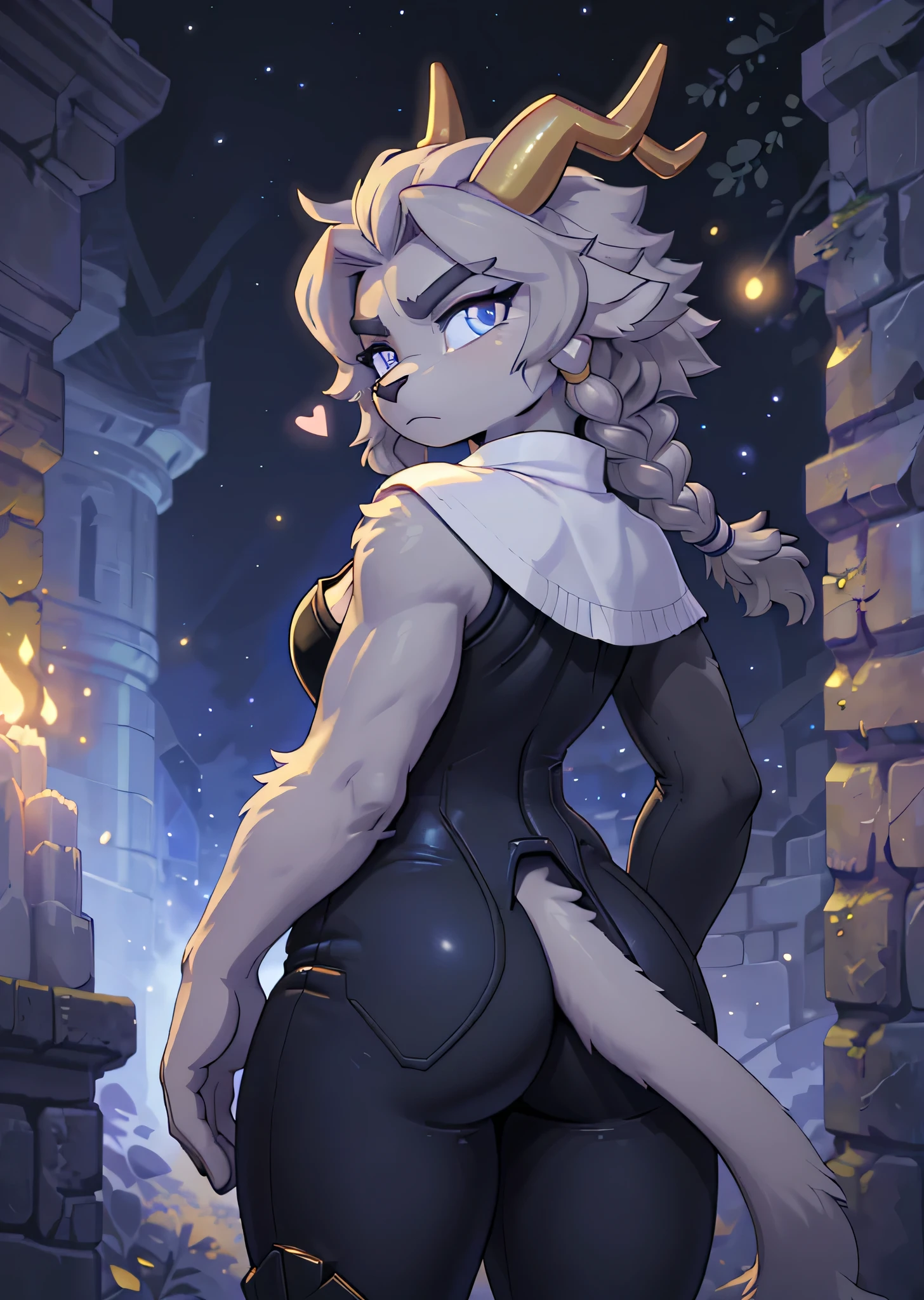 [sybil], [pseudoregalia], ((masterpiece)), ((HD)), ((high res)), ((solo portrait)), ((waist up)), ((back view)), ((detailed fur)), ((cute cartoon aesthetic)), ((detailed shading)), {(anthro goat woman), (athletic figure), (grey body fur), (black nose), (long droopy ears), (long fluffy hair), (braided bangs), (yellow narly horns), (long tail), (bushy dark grey eyebrows), (cute indigo eyes), (long grey eyelashes), (medium breasts), (curvy hips), (love handles), (beautiful legs), (angry), (tired expression)}, {(black sleeveless bodysuit), (gold buttons), (short white capelet)}, {(standing), (looking back at viewer)}, [ambient lighting, castle ruins, nighttime, moonlight]