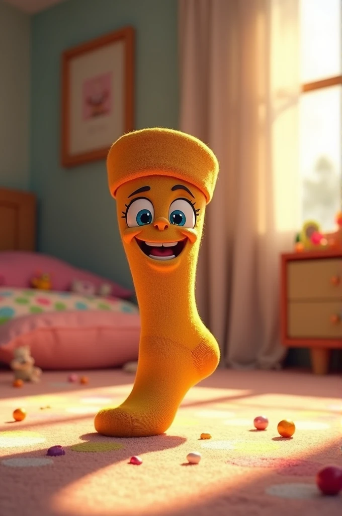 A brown sock with blue eyes animated cartoon sock shape