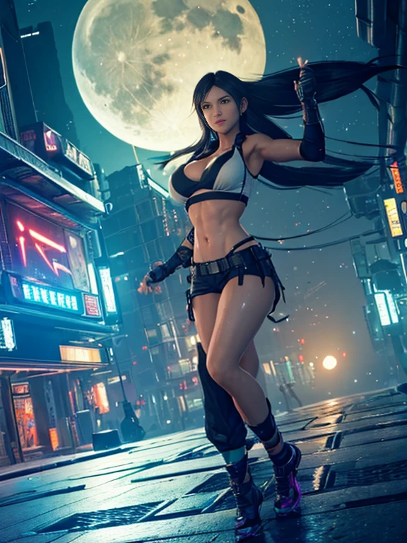((Master quality, 8K, masterpiece:1.3, ultra-detailed, high resolution, RAW Photos, detailed , blurry, Actual, hyper realistic, photo, HDR)), BREAK, perfect((( anatomical, hands, fingers, legs, feet ))), detailed eyes, BREAK, One person alone, ff7r style, tifa lockhart, beautiful face, beautiful brown eyes, (dynamic posing ), long hair, ( Round and Stacked Breasts ), Cleavage, abs, seductive smile:1.5, Sweat-soaked skin, BREAK, , wearing( ) , Graffiti art, BREAK, ( Random Angle, full-body, ), dynamic angle, , background(Realistic , cinematic lighting, depth of field, night , the full moon,, cyberpunk city atmosphere light particles, , )