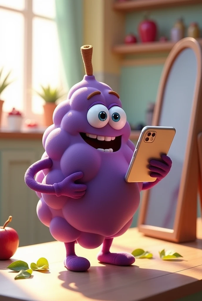 Purple grape with cell phone in hand in the mirror