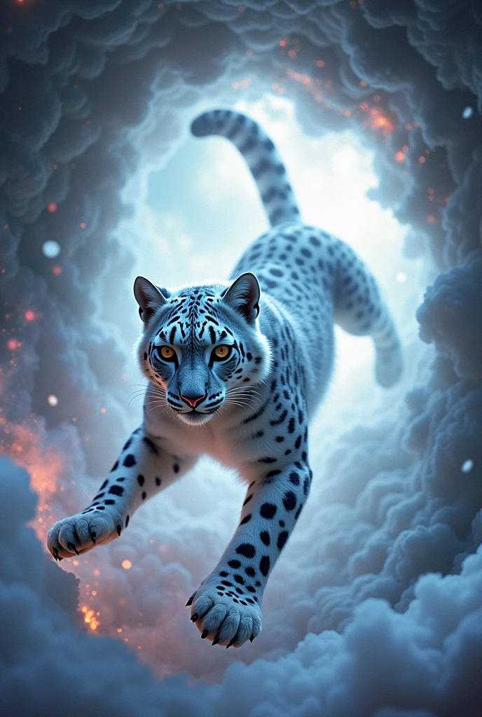 a woman shape-shifter from D&D turning into an anthropomorphic female snow_leopard furry while falling through a portal, laying on the ground, snow_leopard fur, snow_leopard tail, snow_leopard ears, snow_leopard nose, snout, paws, surprised, enveloped by magical smoke