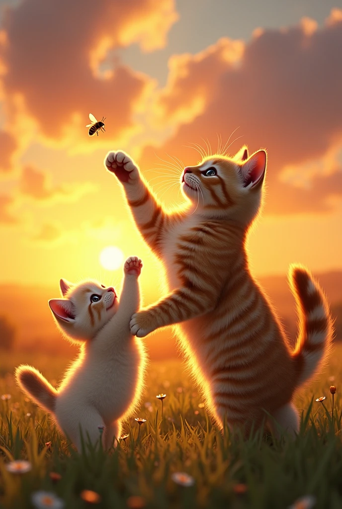 The father cat triumphantly swats the bee away, sending it flying into the distance. The kitten looks up at its father with wide, grateful eyes, while the father cat stands tall, calm, and victorious, with the sun setting behind them.