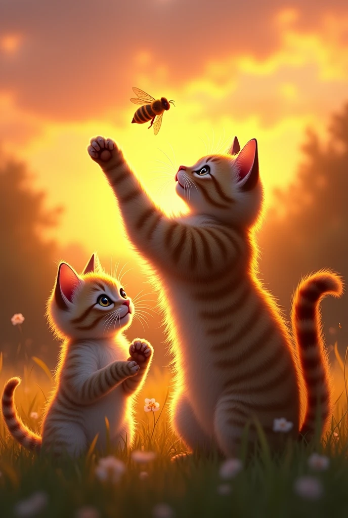 The father cat triumphantly swats the bee away, sending it flying into the distance. The kitten looks up at its father with wide, grateful eyes, while the father cat stands tall, calm, and victorious, with the sun setting behind them.