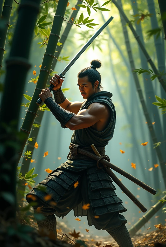 A skilled Samurai in mid-action, slicing through a bamboo tree with his razor-sharp katana, set within a dense and misty bamboo forest. The scene captures the motion and intensity, with bamboo leaves scattering in the air. The Samurai's expression is focused, and his muscles tense, showcasing realistic skin and textures under dappled sunlight filtering through the bamboo canopy. The atmosphere is charged with energy, and the scene feels alive, with the crisp sound of the katana cutting through bamboo echoing in the forest.