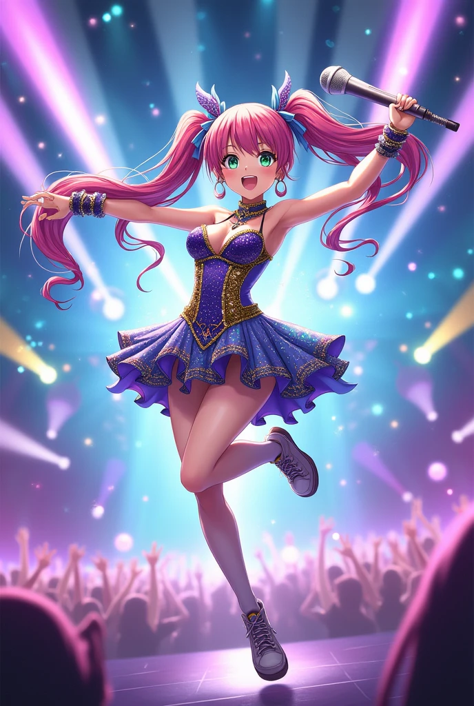 Anime girl jumping slightly sideways, idol holding a microphone with her hair tied on both sides on stage