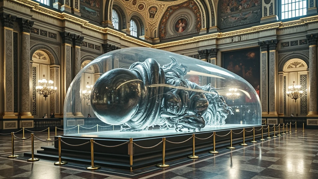 an intricately detailed, large-scale sculpture of a futuristic, biomechanical being encased in a transparent, protective glass-like shell. The figure appears is a mysterious creature to be in a curled or fetal position, emphasizing its massive size compared to its surroundings. The sculpture is situated within an opulent, historic building, possibly a grand hall or a museum, with richly decorated walls, ornate columns, and a polished marble floor. The setting is illuminated by warm, ambient lighting, highlighting the contrast between the ancient architectural style and the modern, science fiction-inspired artwork. The artwork is cordoned off by ropes, indicating its significance and encouraging viewers to observe from a respectful distance.