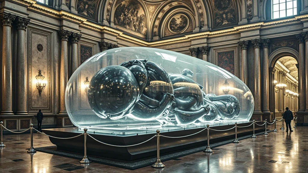 an intricately detailed, large-scale sculpture of a futuristic, biomechanical being encased in a transparent, protective glass-like shell. The figure appears is a mysterious creature to be in a curled or fetal position, emphasizing its massive size compared to its surroundings. The sculpture is situated within an opulent, historic building, possibly a grand hall or a museum, with richly decorated walls, ornate columns, and a polished marble floor. The setting is illuminated by warm, ambient lighting, highlighting the contrast between the ancient architectural style and the modern, science fiction-inspired artwork. The artwork is cordoned off by ropes, indicating its significance and encouraging viewers to observe from a respectful distance.