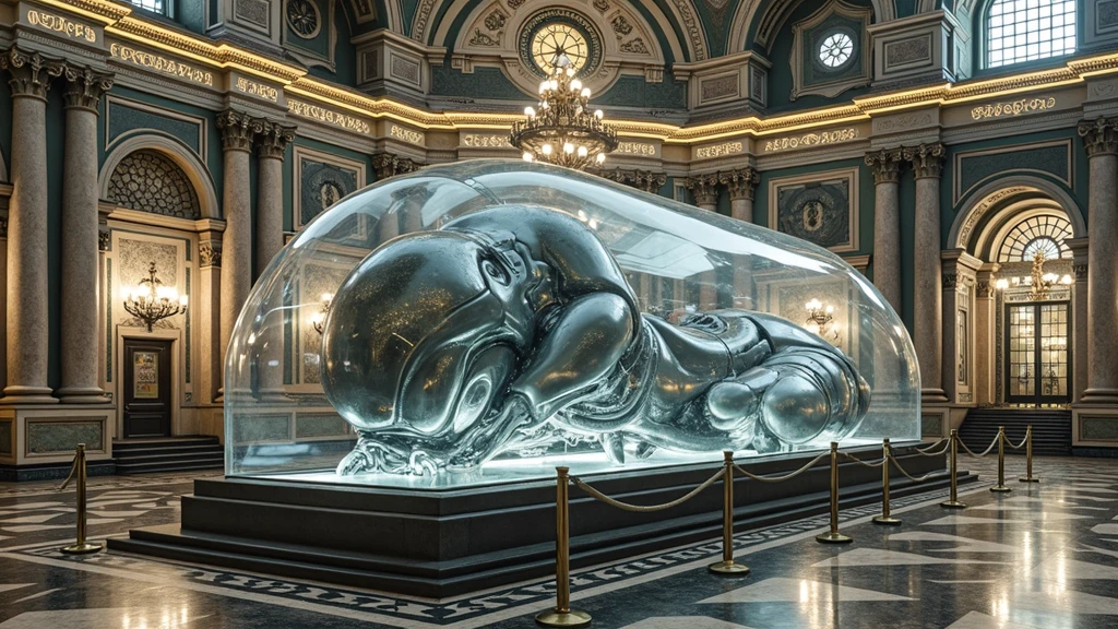 an intricately detailed, large-scale sculpture of a futuristic, biomechanical being encased in a transparent, protective glass-like shell. The figure appears is a mysterious creature to be in a curled or fetal position, emphasizing its massive size compared to its surroundings. The sculpture is situated within an opulent, historic building, possibly a grand hall or a museum, with richly decorated walls, ornate columns, and a polished marble floor. The setting is illuminated by warm, ambient lighting, highlighting the contrast between the ancient architectural style and the modern, science fiction-inspired artwork. The artwork is cordoned off by ropes, indicating its significance and encouraging viewers to observe from a respectful distance.