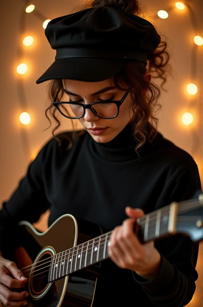 woman wearing black square glasses, wearing a black cap and a black turtleneck, with curly hair tied up and playing a black and white guitar.