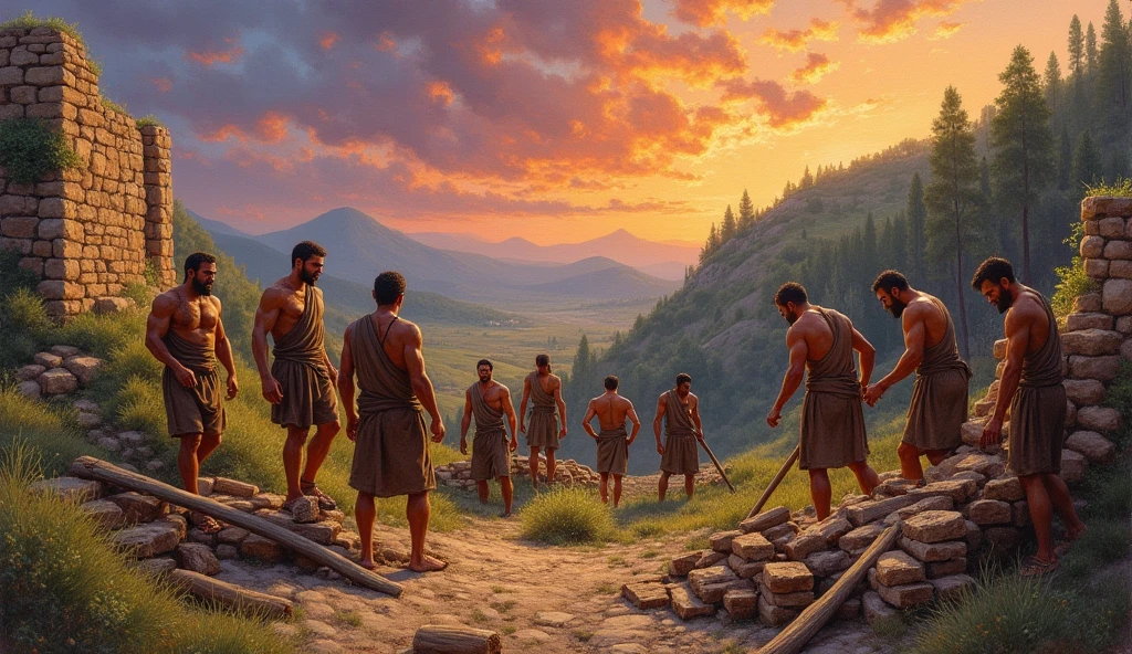 oil painting, men rebuilding settlement antiquity