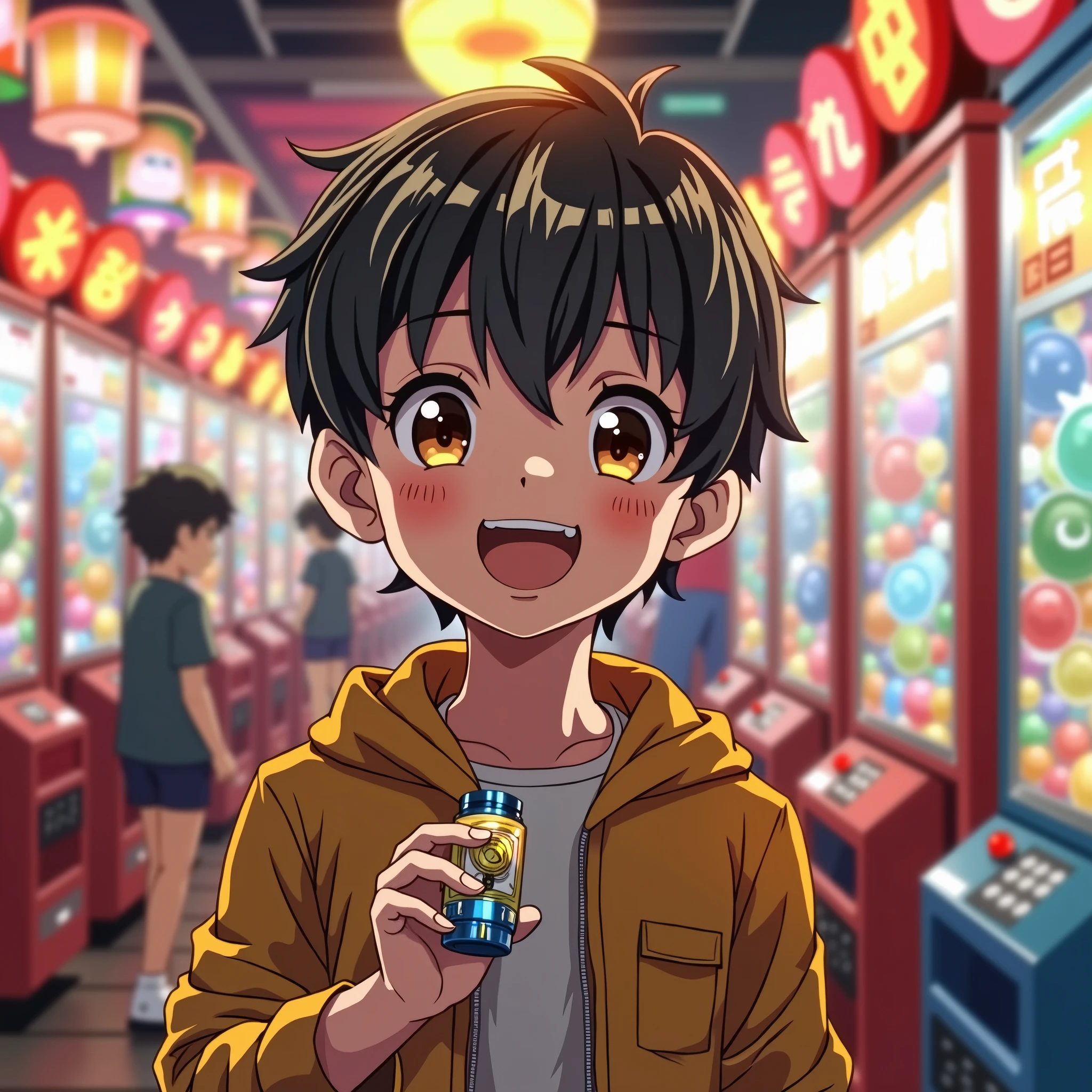 anime,1boy, alone, Highest quality, masterpiece, 8k, High Definition, alone, HDTV Face, Soft lighting, (looking at the camera), (Portraiture: 0.6), whole body, smile, Open your mouth,I have a gachapon,Japan Game Center,Proud of it,cute,10th Generation