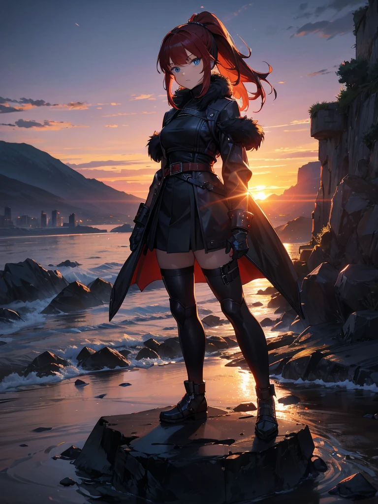 Cityscape, building, Skyline, sunset, Silhouette against a cloud background, meditation. Watching the beautiful sunset, sunset時に, sunset時, sunsetとともに, In the sunset, Nice views, Sunset view, With the sunset, sunset時に, During Golden Hour, looking sunset時に, Sunset in the background, Watching the sunset, Attention,, Very detailed, blue eyes, Redhead, Angry expression,Wearing a black fur jacket, Medium Hair,ponytail, Anime Style, whole body, alone, Stylish Gladiator Girl, I have a rapier,Standing in the Wilderness, 8K high resolution, White Background, The background is a dark and desolate landscape, Horror movie atmosphere. Her figure is very beautiful, Emphasizing the dark and crazy elements. Skillfully expressing the effects of light and shadow, Anime ' Line, Mechanized Soldier Girl, ' Line style