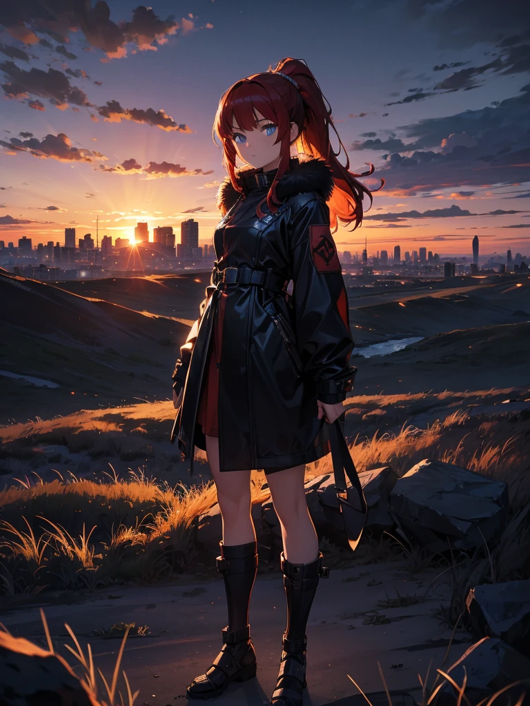 Cityscape, building, Skyline, sunset, Silhouette against a cloud background, meditation. Watching the beautiful sunset, sunset時に, sunset時, sunsetとともに, In the sunset, Nice views, Sunset view, With the sunset, sunset時に, During Golden Hour, looking sunset時に, Sunset in the background, Watching the sunset, Attention,, Very detailed, blue eyes, Redhead, Angry expression,Wearing a black fur jacket, Medium Hair,ponytail, Anime Style, whole body, alone, Stylish Gladiator Girl, I have a rapier,Standing in the Wilderness, 8K high resolution, White Background, The background is a dark and desolate landscape, Horror movie atmosphere. Her figure is very beautiful, Emphasizing the dark and crazy elements. Skillfully expressing the effects of light and shadow, Anime ' Line, Mechanized Soldier Girl, ' Line style