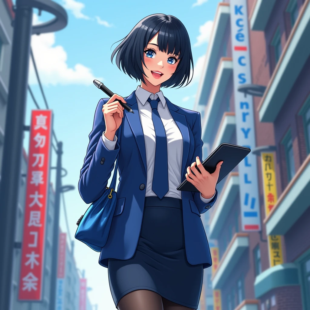 The young woman short black hair and blue eyes wear a blue suit, white shirt, dark blue necktie, black pencil skirt, black underpants, black tights, black socks, adidas white sneakers.
She wears the glasses, Her left hand holds a tablet, Her right hand holds a black pen of tablet, Her eyes are dazzled and smiled, cartoon anime, 4K, HD