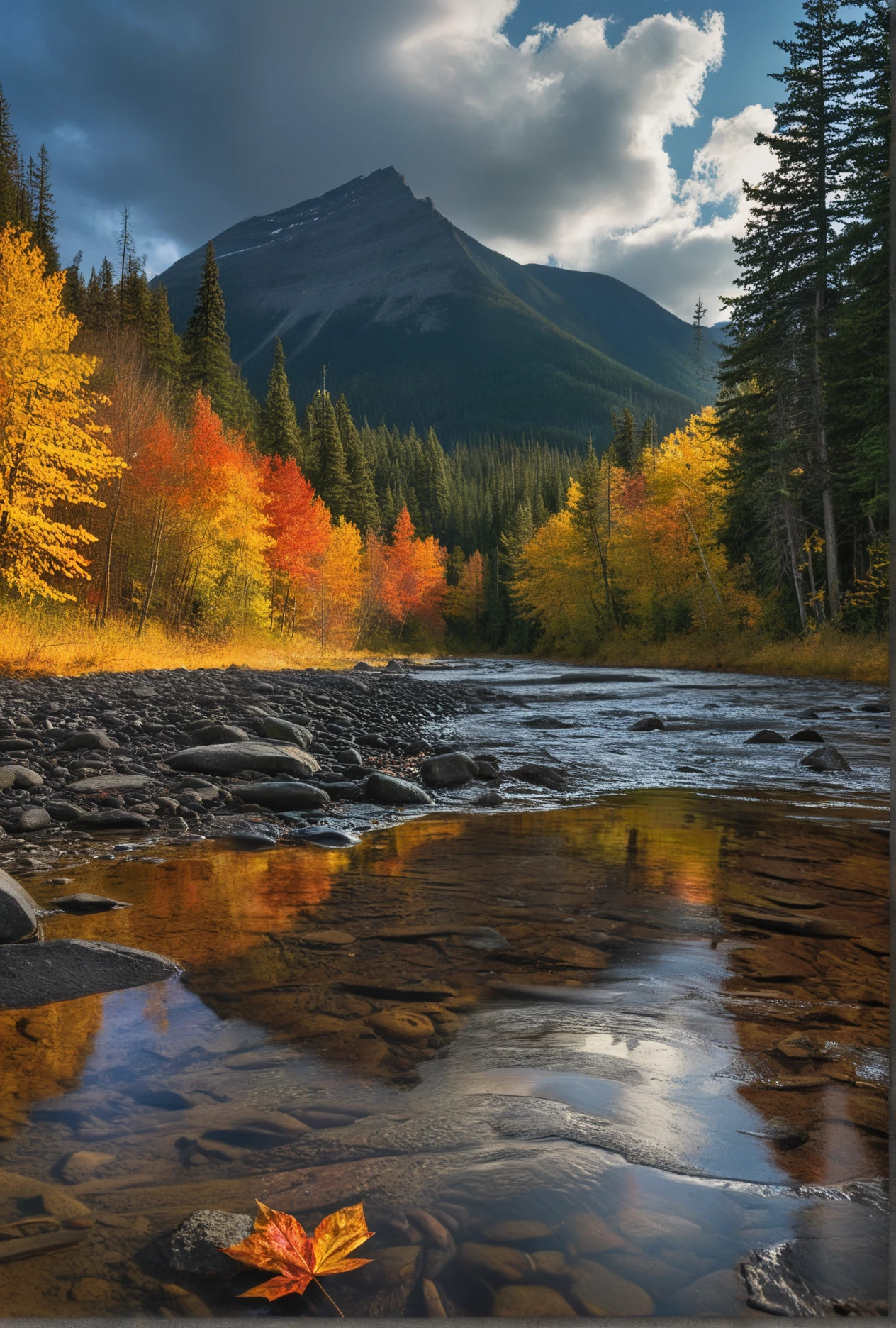 (Glossy HDR contrast)(Neutral density gradient filter sky)(bright over-saturated floor level photo within Canadian Mountain Range, National Park height of fall colors)(reds, yellows)(cold air after heavy rainfall rushing molten river torrent)(perfect PM lighting conditions with god rays feeling of splendor and humility)(long exposure on wide format)(rays of sunshine on the forest floor)(ancient pagan alter in foreground)(with true film high dynamic range award winning image, legacy artwork, 8k)(processing: .25 unsharp mask, S curve, dodge and burn, mid-level contrast, dark edge vignette)
ral-exposure 