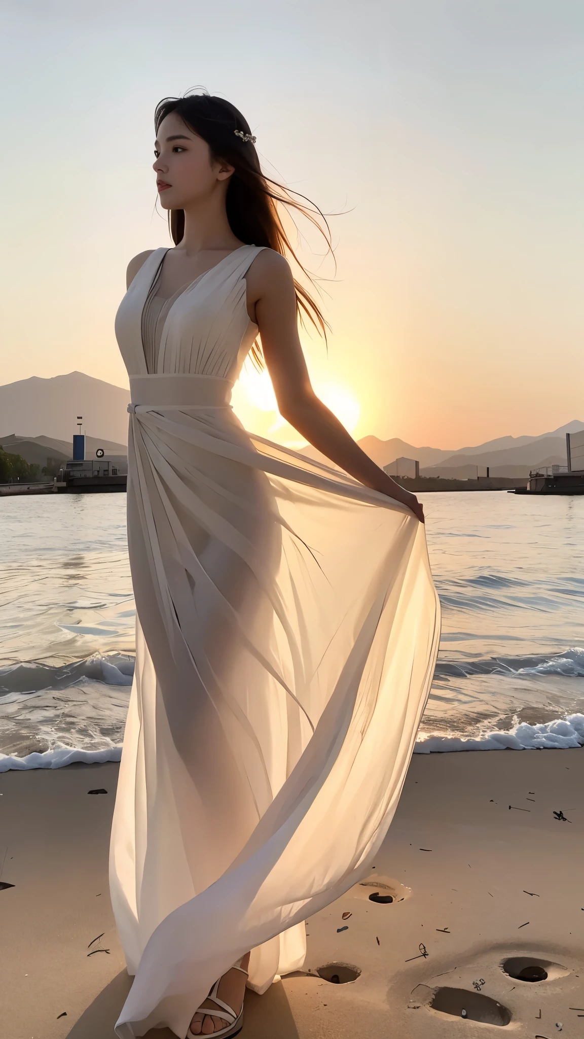 ((Highest quality,Attention to detail,masterpiece:1.2)),(Summer Mountains,sunset),(Backlight, The outline of the body is visible:1.3), One 20-year-old girl, Full Body Shot:1.3,White dress dress,Distinct facial features:1.5,Standing Solo, Graceful posture,Delicate face, White skin woman,