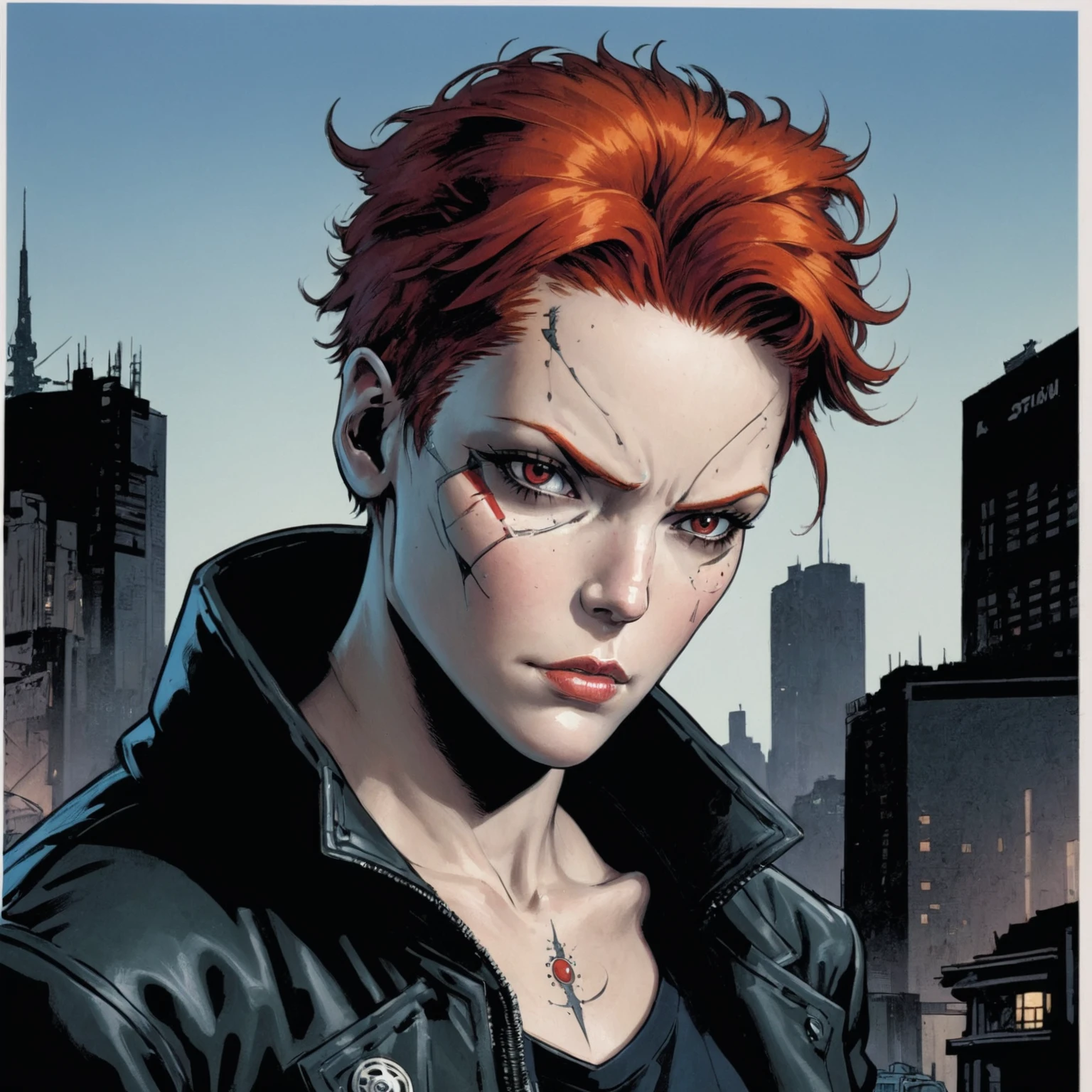 a close up of a person with a red hair and a black jacket, the sandman from graphic novel, comic book character, jason fabok. greg staples, comics sandman, profile shot, beautiful female neuromancer, by Steve Dillon, molly from neuromancer, phil jimenez, jamie mckelvie comic art, chris bachalo, as illustrated in top cow comics, mad face m rage 