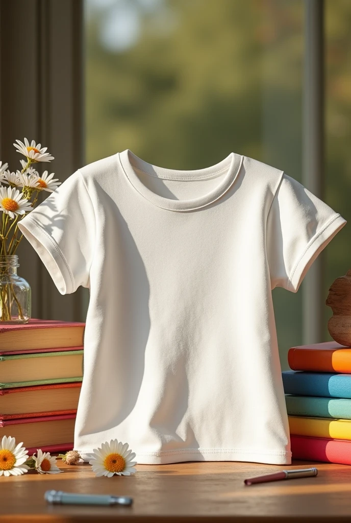 White cotton baby look shirt mockup. various books and pencils and flowers. T-shirt design template, t shirt printing presentation mockup.