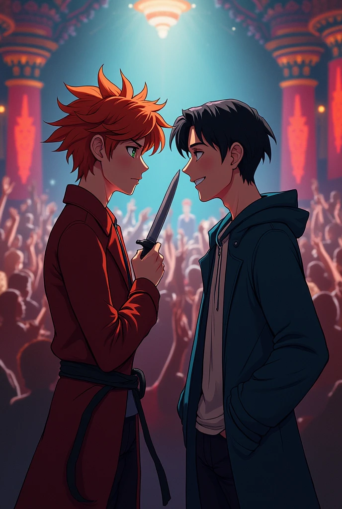 General an image of a theater where there are two young people, One with red hair and green eyes looking at the other young man with black hair and blue eyes looking at him with longing, while in the background the public is applauding, and these two young men with red hair point at the other with a knife while the one with black hair with a gun, the one with black hair is taller than the one with red hair , The black-haired one doesn't have a beard, The black-haired one looks at the red-haired one with a smile and is taller than the black-haired one.