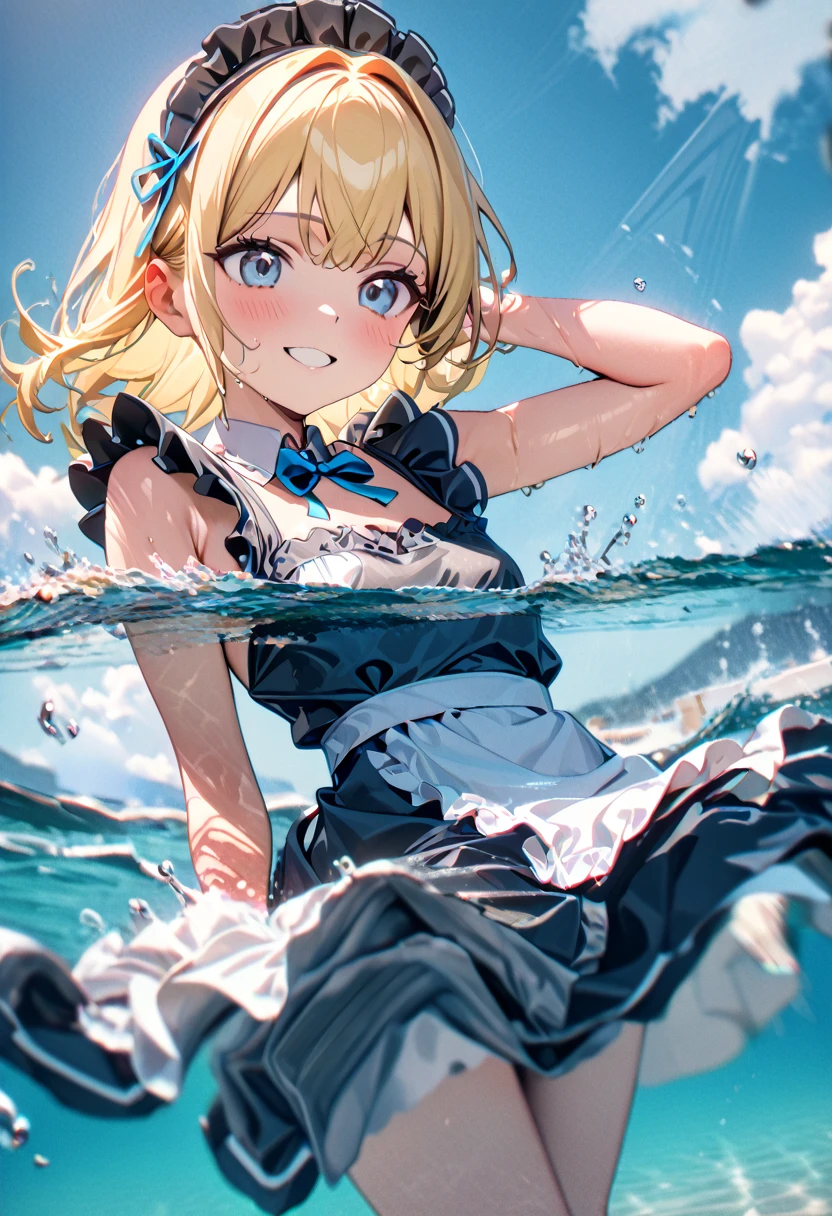 (8k, super high quality, masterpiece), (detailed), One Woman, Small breasts, Blonde, cute, Blue ribbon, エプロンdress, Maid clothes, dress, White apron, Ocean, Bathing, Submerged in clothes, splash, The best smile, Have fun, Water splashing, Like a child, 