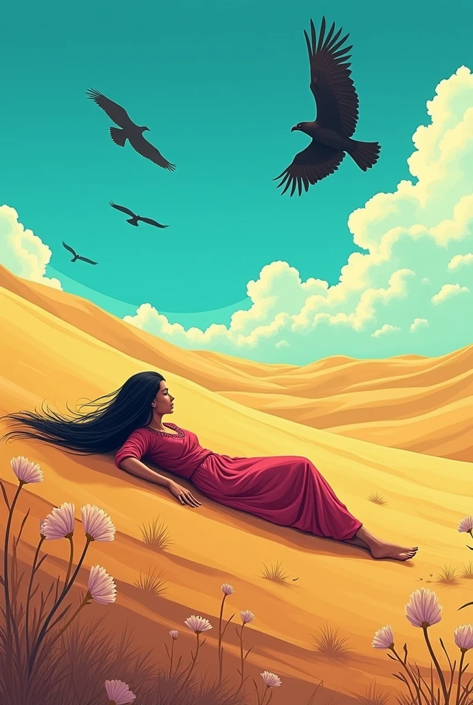 Sasi dying in the desert but his eyes waiting for her beloved Punoo. Vulture are waiting to eat her after dying. Sasi was a female and Punoo was her beloved. It is a folk tale from the Pakistan. Please draw image of female at the distance on the up side. It should be seen too much far. No no mean at down side. One more image with outstanding colour combination.