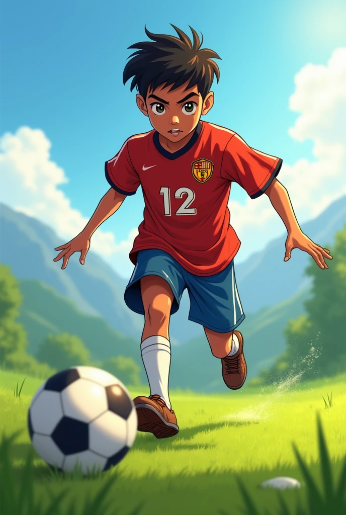 A nepali  boy playing football with name nadim on jersey no.12 profile pic suited in anime type or Cristian bale type