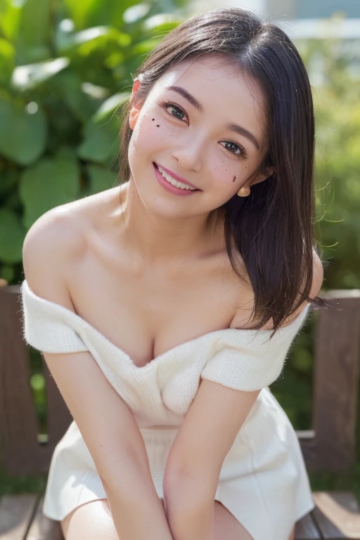 Tabletop, Highest quality, Very detailed, In detail, High resolution, In 8K, ((Photorealistic:1.4, RAW Photos, 超High resolution,Best image quality: 1.4)), wallpaper, ((Perfect body composition 1.5)), ((Beautiful attention to detail, Natural color lip、Beautiful face、Gaze looking at the camera、Eyelashes、Big eyes、Clear double eyelids、Teardrop Mole、Glowing Skin、Beautiful skin quality、Lip gloss)), ((Big smile:1.5)), ((Random cute hairstyles)), ((white off shoulder knit:1.5)),(((topless:1.7))), ((Random Color Micro Mini Skirt:1.5)),((The chest size is a little large、Cleavage:1.2)), ((((Leaning forward significantly:1.5)))), ((Sitting cross-legged:1.5)), ((Proudly、Look under the eyes、Mole on arm:1.6)), ((from the front)), ((Randomly blurred background)), ((Random and cute expressions:1.5)),, ((((One woman:1.5)))) Highly detailed and professional lighting、 ((I can see your thighs:1.5))