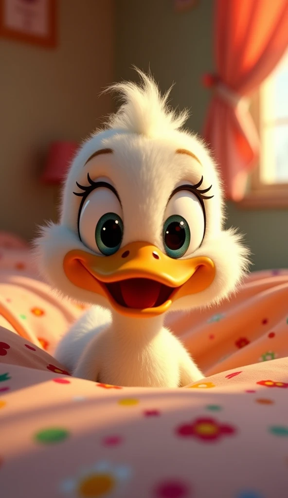 a close up of a cartoon duck in a room with a bed, kathy zyduck, a still of a happy, cute pixar character, depicted as a pixar character, inspired by Jacob Duck, smug look, duck, as a pixar character, pixar cute character design, donald duck in real life, she has a cute expressive face, pixar cute, disney pixar movie still