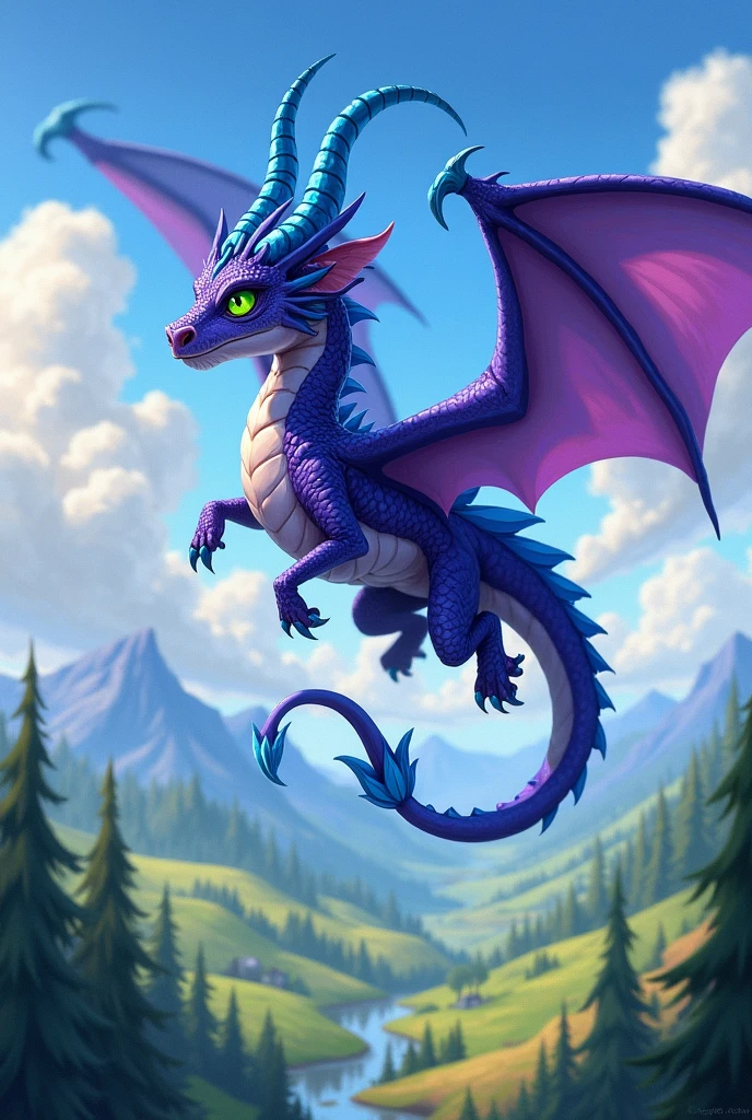 A purple scaled she-dragon with blue wings blue horns and emerald green eyes