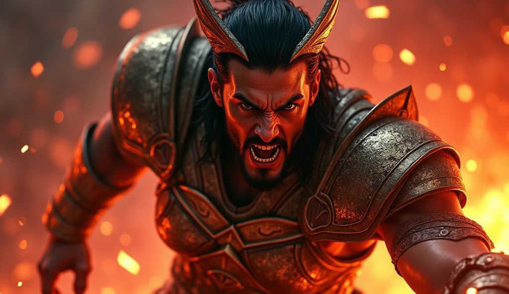 "prompt": "Design a YouTube thumbnail showcasing an intense and fierce character mid-battle, with sparks flying and dynamic motion captured in the scene. The background features a mix of fiery reds and dark shadows, creating high contrast. The character’s expression is intense, showing focus and determination. The text 'The Legend Orion' is in bold, fiery font with a metallic texture, enhancing the epic and dramatic atmosphere of the scene."
