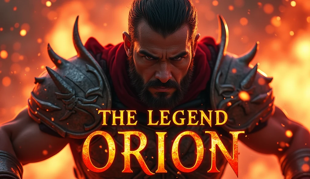 "prompt": "Design a YouTube thumbnail showcasing an intense and fierce character mid-battle, with sparks flying and dynamic motion captured in the scene. The background features a mix of fiery reds and dark shadows, creating high contrast. The character’s expression is intense, showing focus and determination. The text 'The Legend Orion' is in bold, fiery font with a metallic texture, enhancing the epic and dramatic atmosphere of the scene."