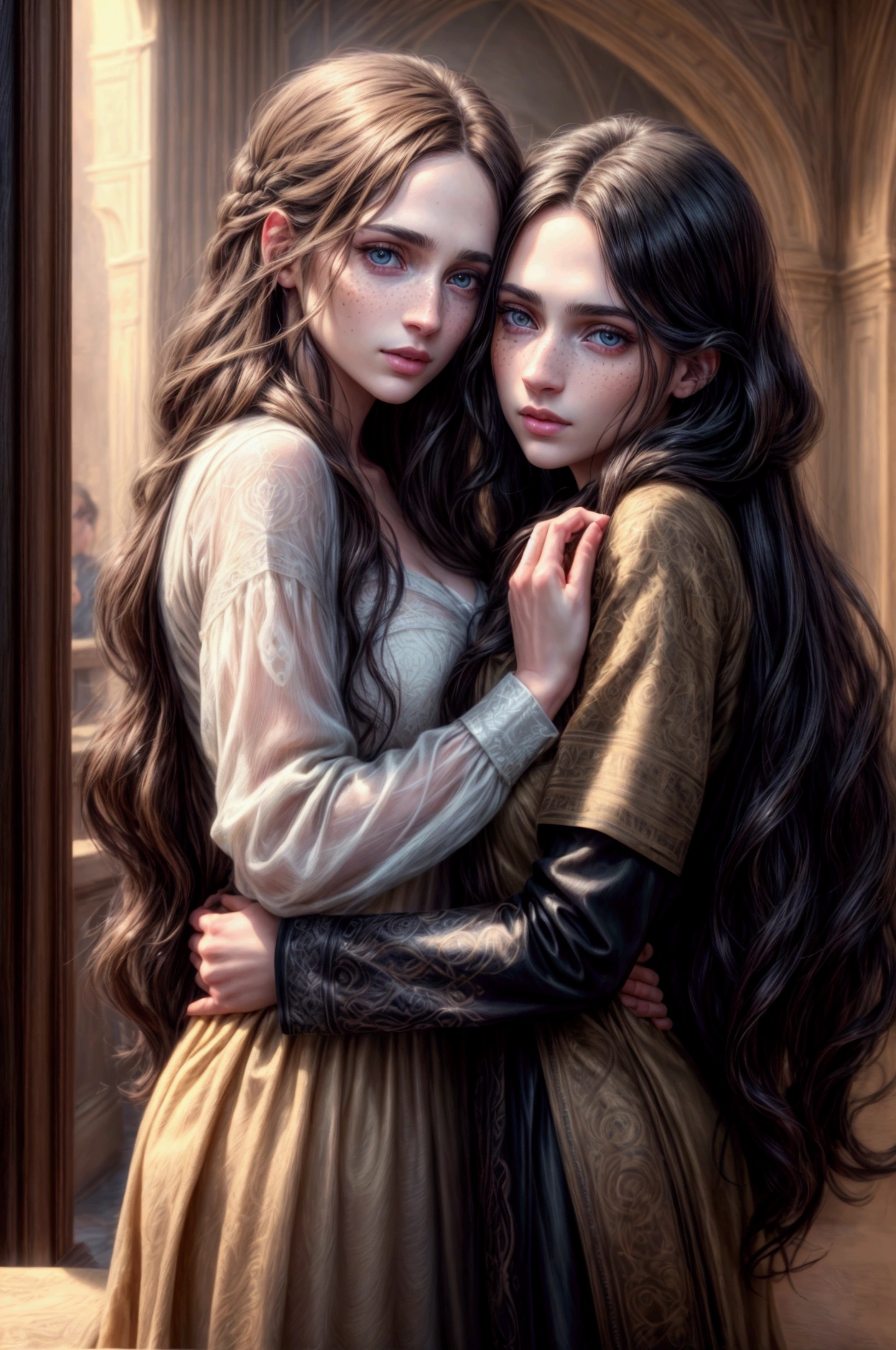 a man with long brown hair,blue eyes,olive skin,a woman with long black hair,brown eyes,pale skin,freckles,(best quality,4k,8k,highres,masterpiece:1.2),ultra-detailed,(realistic,photorealistic,photo-realistic:1.37),detailed portrait,couple in love,romantic date,warm lighting,cinematic,dynamic composition,hazy background,vibrant colors,soft focus,intricate details