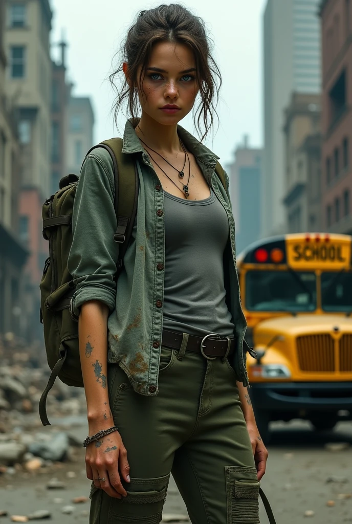 Create image depicts a young woman standing in a post-apocalyptic urban setting. She has a determined and resilient expression, with bright blue eyes that stand out against her slightly dirty face, which shows signs of hardship and survival. Her hair is tousled and pulled back, with loose strands framing her face. She wears a worn, faded denim shirt with visible tears and huge breasts, over a gray tank top, along with military-style green pants. Her arms show signs of minor injuries or scrapes, emphasizing the tough conditions she's been through. A large backpack is slung over her shoulders, indicating she's on the move, possibly scavenging or searching for something. The background consists of tall, dilapidated buildings, some with broken windows, and a partially wrecked, yellow school bus. The entire scene conveys a sense of desolation, struggle, and survival in a harsh, abandoned world. Make her shitless
