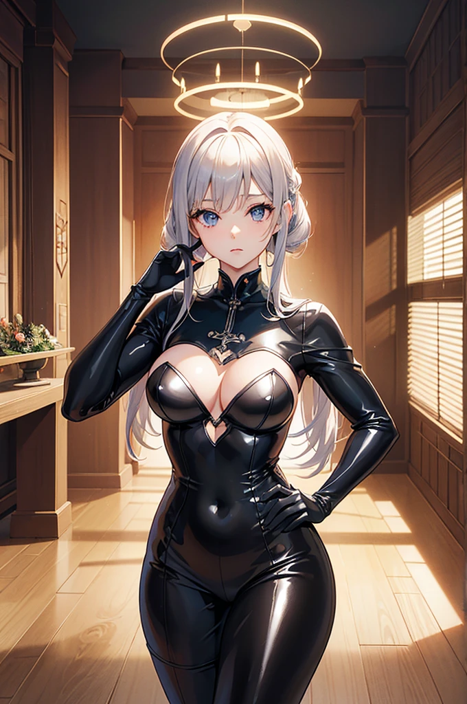 Imagen de estilo anime de una mujer vestida con un black latex suit., Portraits inspired by Lee Knight, pixiv contest winner, Gothic art, fine details. Girls de primera línea, Girl anime atractiva, from Girls de primera línea, extremely detailed artistic germ, 2 second, 2b, Girl gótica Girl anime, [ Artedigital 4K ]!!, Beautiful and charming anime woman (of the highest quality, 8k, masterpiece :1.3), (realist, photorealist: 1.37),Girl，chinese dress，中式黑色chinese dress，high slit，ball head，black magic, Dark forest, Negative energy, hell, white, star, black fur,Girl跪着，Photography，Unreal Engine 5 Photorealistic Rendering，game characters, role player, Standing at Kyoto Castle, pretty face, Ace of spades，belly tattoo，Body Hyper Reality，thick muscles，marvelous!! Write with Boberon, Big case, Hydrated and radiant body, black latex suit，Put your hands behind your back，Please take a seatBusiness suit，heart shaped，Liguero white，Distorted viewing angle