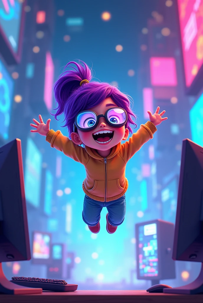 there is a cartoon of a girl flying over a computer, 8 k cartoon illustration, high-tech environment, commercial illustration, computer game, promotional art, exciting illustration, digital art cartoon, digital illustation, digital 2d animation, colorful kids book illustration, corporate animation style, future technology, children's cartoon, proffesional illustration, animation illustrative style