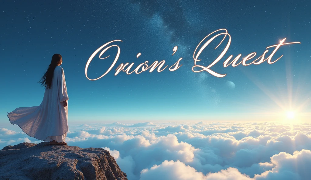  "prompt": "Create a YouTube thumbnail featuring a serene and contemplative character standing at the edge of a cosmic landscape. The character gazes into the distance, where distant planets and stars are visible. The background is a blend of Sky Blue and Silver with hints of gold, giving the image a celestial and otherworldly feel. The text 'Orion's Quest' is in an elegant, flowing script, adding a sense of grandeur and adventure to the scene."