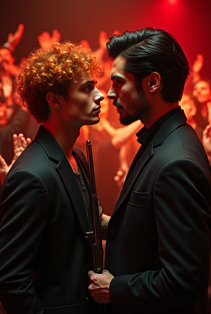 General an image of a theater where there are two young people, One with red hair and green eyes looking at the other young man with black hair and blue eyes looking at him with longing, while in the background the public is applauding, and these two young men with red hair point at the other with a knife while the one with black hair with a gun, the one with black hair is taller than the one with red hair , The black-haired one doesn&#39;t have a beard, The black-haired one looks at the red-haired one with a smile and is taller than the black-haired one.