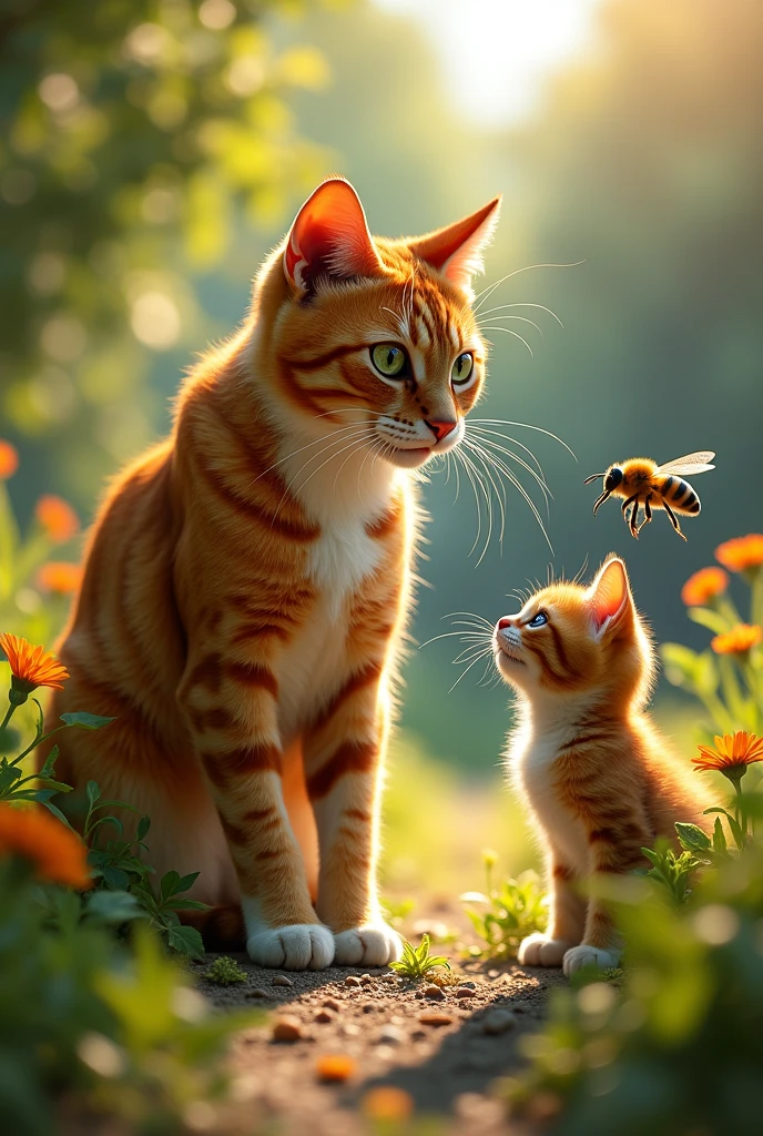 A brave, muscular father cat with orange and white fur and sharp green eyes stands protectively in front of the kitten. He faces the bee, poised to attack, with his claws extended and teeth bared. The tension in the air is palpable.
