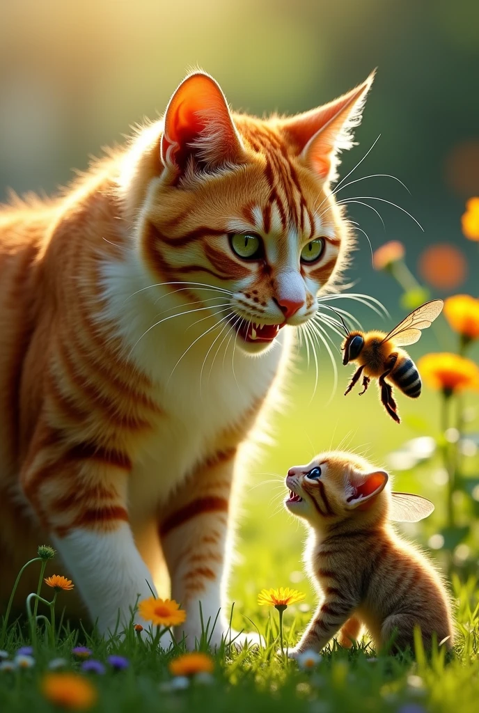 A brave, muscular father cat with orange and white fur and sharp green eyes stands protectively in front of the kitten. He faces the bee, poised to attack, with his claws extended and teeth bared. The tension in the air is palpable.