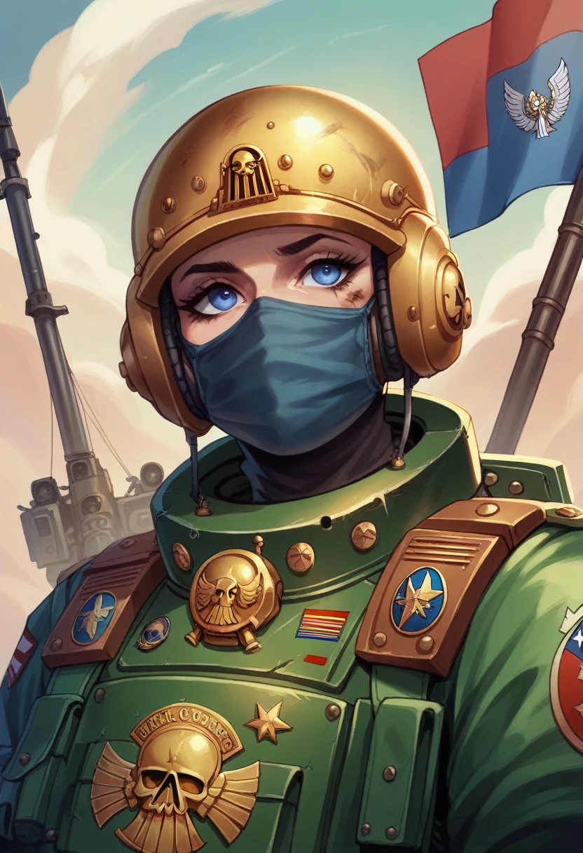 Europe space marine from Warhammer 40K wearing golden helmet
, face mask, military, Europe color, Europe flag