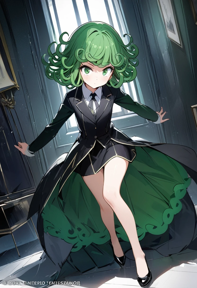 Masterpiece artwork, best qualityer, 1 girl, solamete, breastsout, gazing_phi_viewer, hair green, fully body, Young body, shirt long, overskirt, na sala (tatsumaki: 1.7)