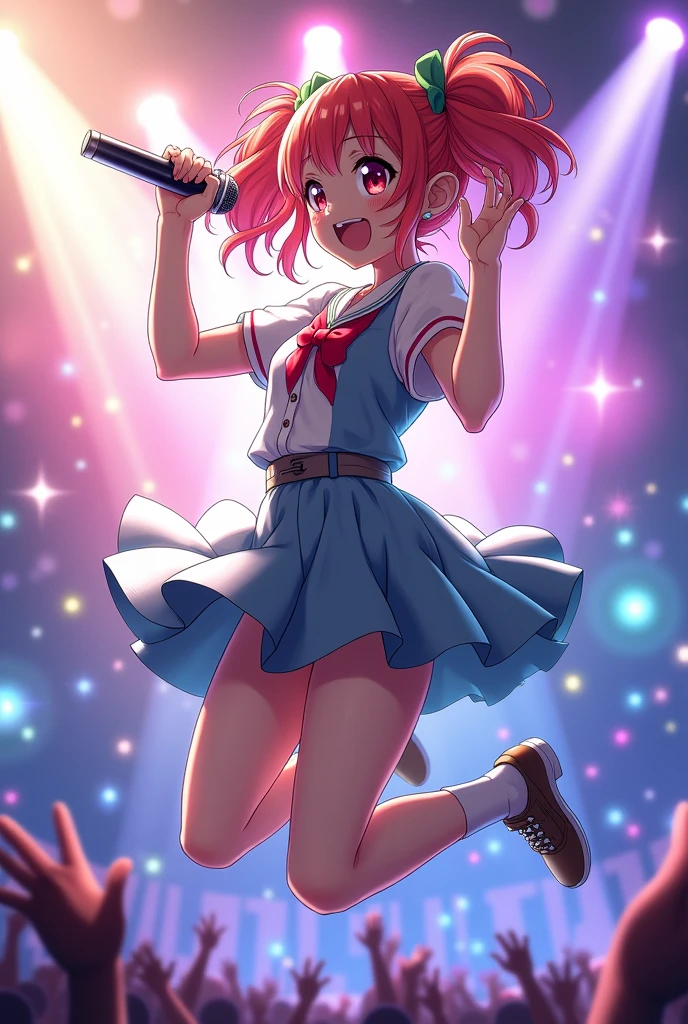 High quality、16 km race、anime screen capture、NSFW、Lori、low length、(((smaller breasts)))、(obesity)、(thick thighs)、(Pink hair)、(((Wavy Hair)))、Ahoge、(Barrette)、 (short hair)、bob cut、(dripping sweat)、:d、one eye closed、(((wavy mouth)))、(Mouth wide open)、((Orange eyes))、Yellow jacket、white shirt、Pink ribbon、yellow ruffle mini skirt、light blue striped knee socks、Light blue striped panties、yellow headphones、big ass、(cat pose)、(((embarrassing)))、idol costume、on the light up stage、Are standing
