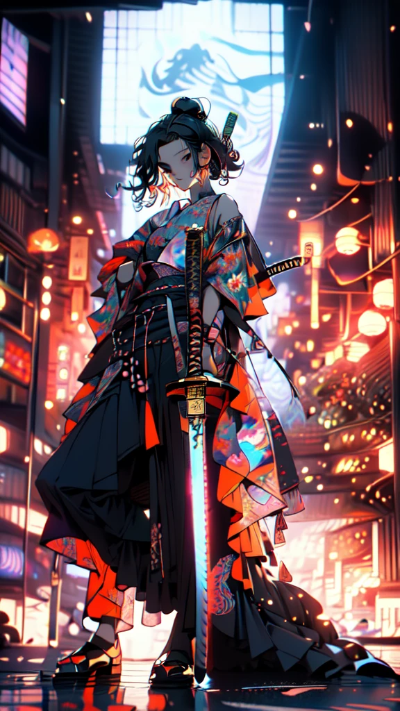 (((((roll up bandage sideways on a chest tightly to cover the chest without gaps))))), (((bandage samweways))),, ((Japanese Gangster BOSS)), adult woman with the dignified presence, Killing Qi, wear nothing around shoulder, wear nothing around neck, wear the kimono, wear it below the waist, I wind it up to control it, and to attach it, ((kimono come off)) ,wear the kimono multiple times, Bare shoulders and the clavicle, black and gold kimono, put on over jacket of kimono, (((holding a japanese sword, The handle of the sword, long sword))), low angle, whole body, anime character, Glaring, off sholder, Excellent, can see both shoulder, long kimono hem, small face, big tattoo on the arm,muscular,drink sake, The kimono is spreading,ultra-detailed,super beautiful,Masterpiece,Killing Qi,Intimidation, a person,Selfish person,Ginkgo biloba pattern,Under the trees with autumn leaves,tall,Imposing,colorful kimono,hold hilt of katana in hand,vanpire woman