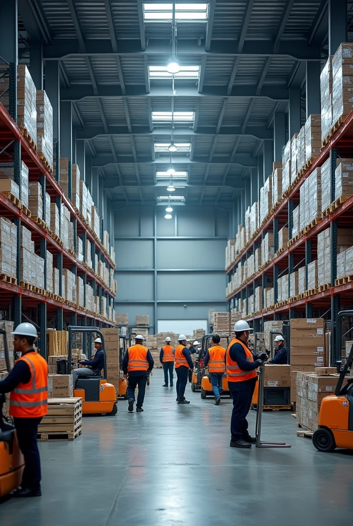Généré une image d'un grand entrepôt de couleur grise, avec des piles des stocks bien rangées, avec des dockers en train de faire les opérations de ce classement
