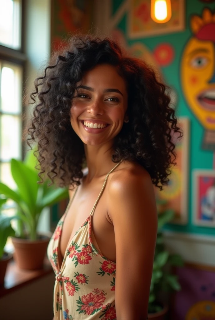 A Brazilian woman in a semi-naked room with an outgoing personality.