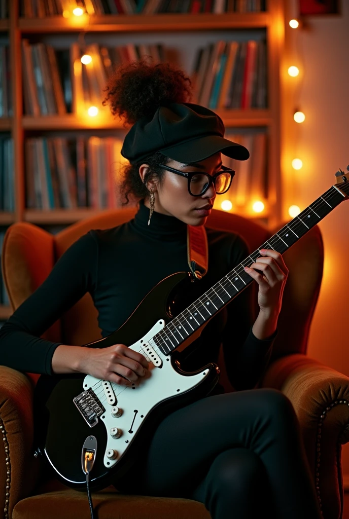 woman wearing black square glasses, wearing a black cap and a black turtleneck, with curly hair tied up and playing a black and white guitar.