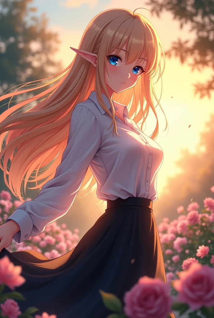 Anime Mature MILF, long blonde hair, long ear pricks, blue eyes, wearing a white shirt, and a long black skirt.